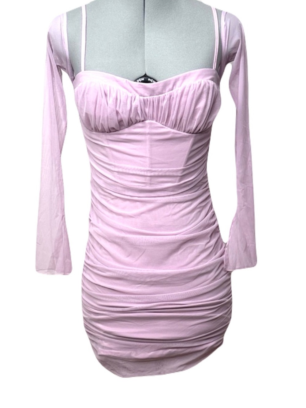 Oh Polly Pink Ruched Mesh Long Sleeve Bodycon Mini Dress NWT 6